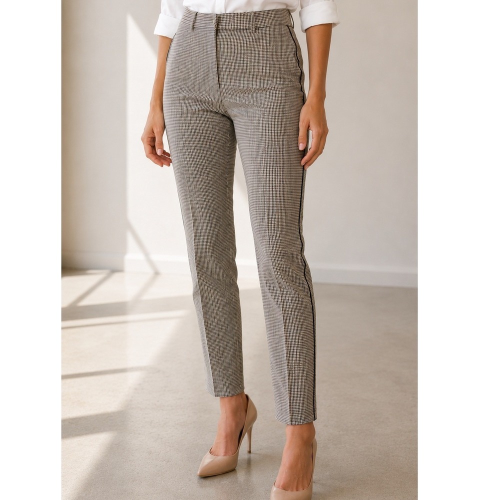 NEW Banana Republic Sloan Pants Brown Black Houndstooth Faux Leather Trim Size 6